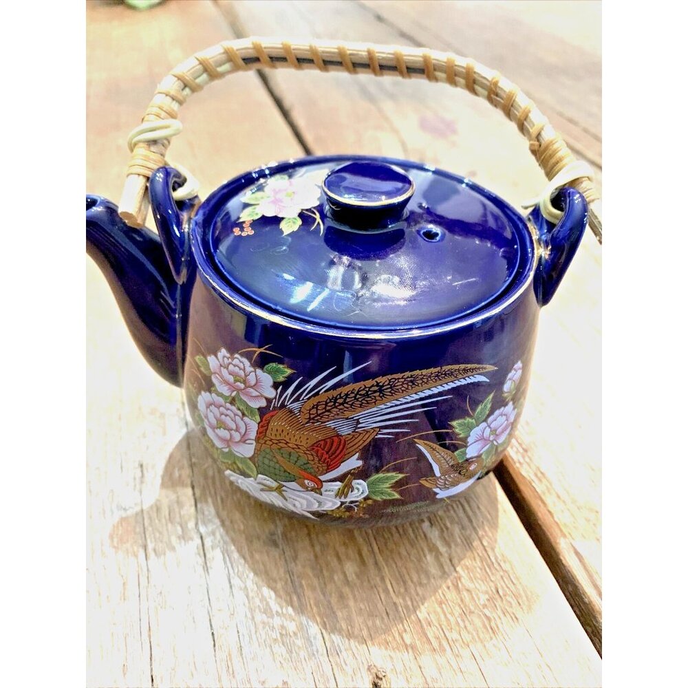 Vintage Beautiful Cobalt Blue Lovely Japanese Tea Pot Porcelain Pheasant Theme